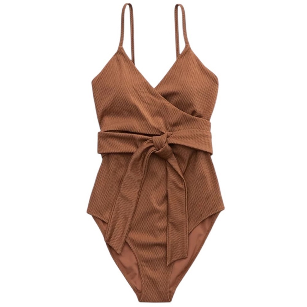 Aerie One Piece Shine Pique Wrap Swimsuit Cut Out Full Coverage Size Small NWT - Picture 3 of 12
